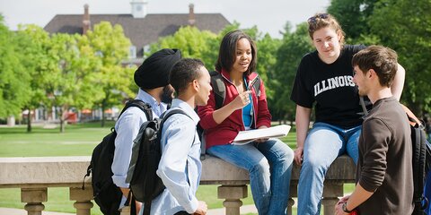 Students in front of Foellinger Auditorium